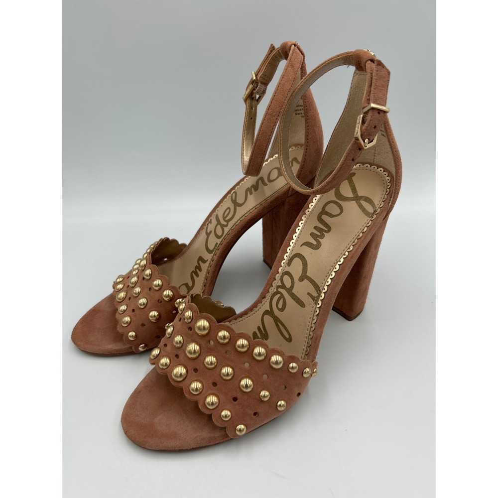 Sam Edelman Odila Saddle Suede Gold Studded Scalloped Block Heel Sandals Size 7
